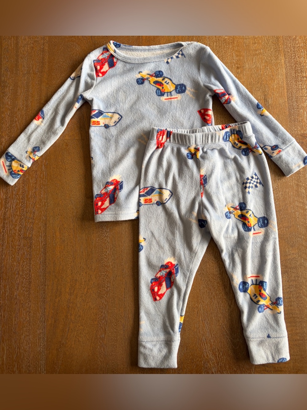 Cat & Jack Light Blue Fleece Racing Car Pajama Set with Red & Yellow Accents